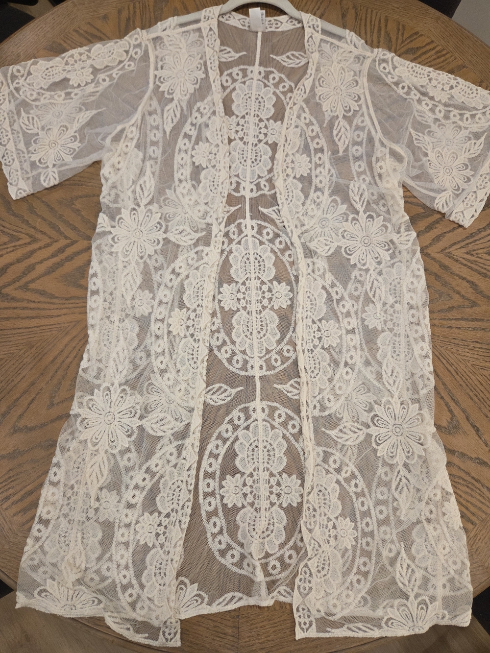 Ivory Embroidered Lace Kimono Duster S/M Boho Romantic Sheer Floral Cottagecore